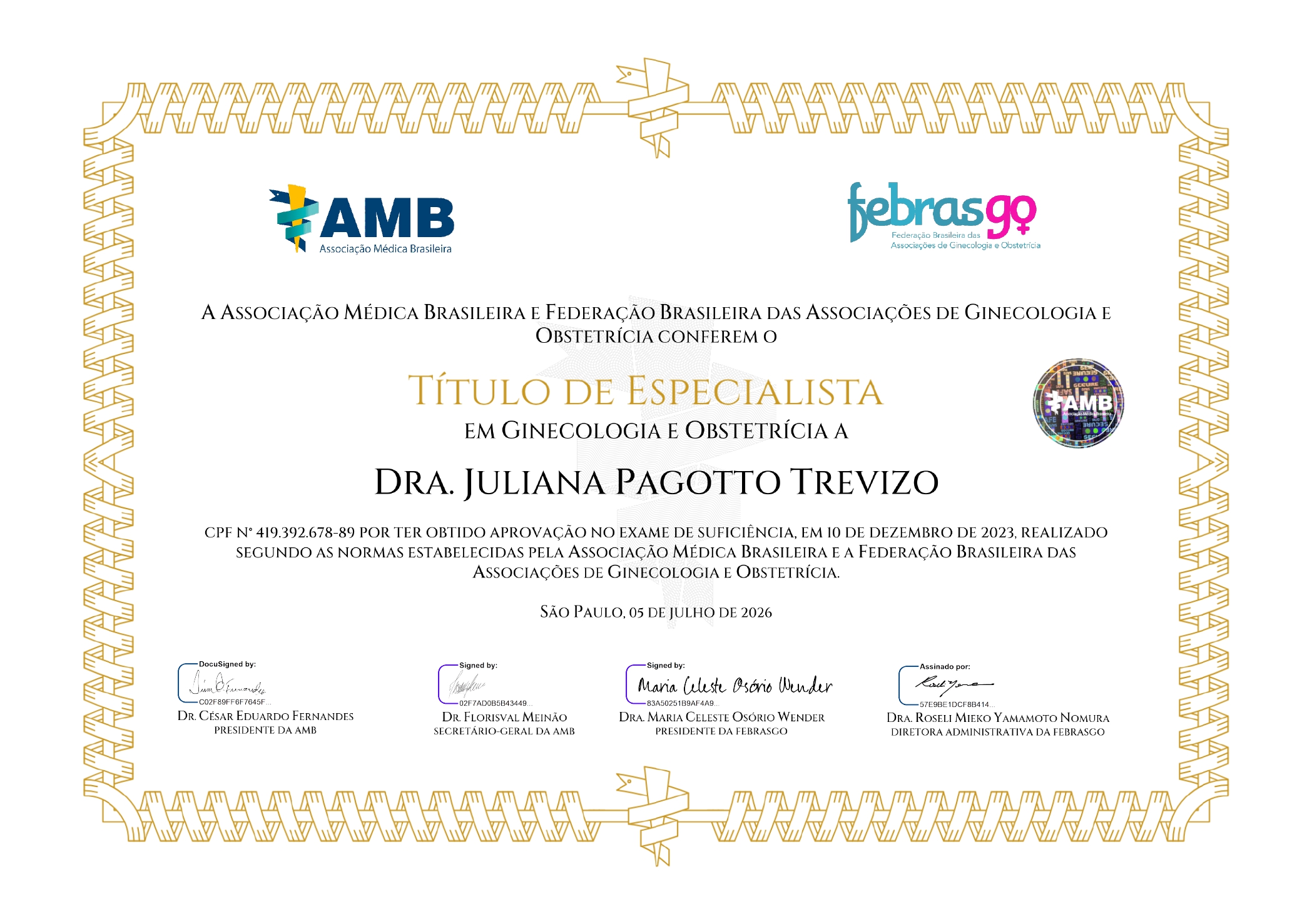 Certificado de Título de Especialista em Ginecologia e Obstetrícia da Dra. Juliana Trevizo