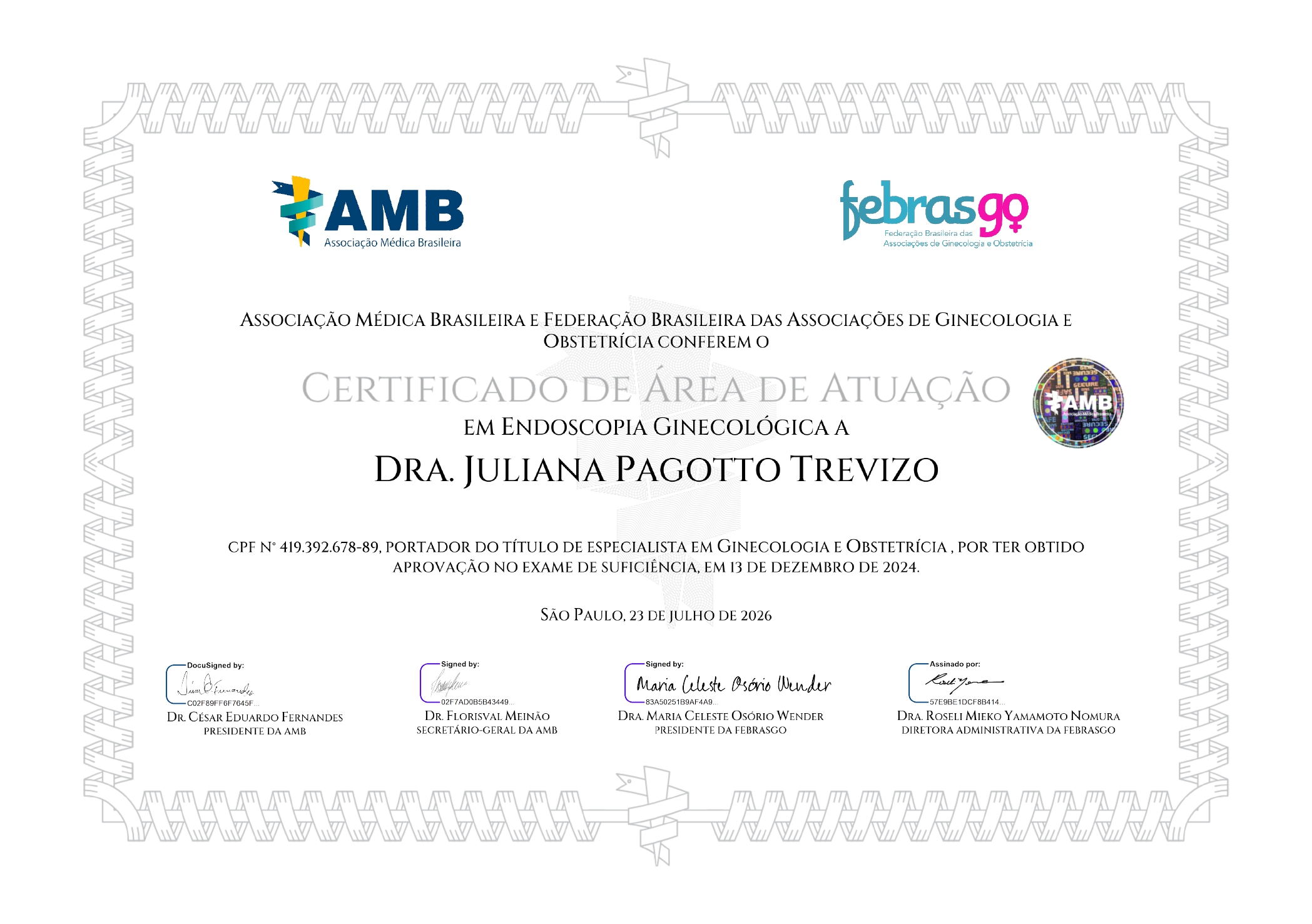 Certificado de Título de Especialista em Endoscopia Ginecológica da Dra. Juliana Trevizo